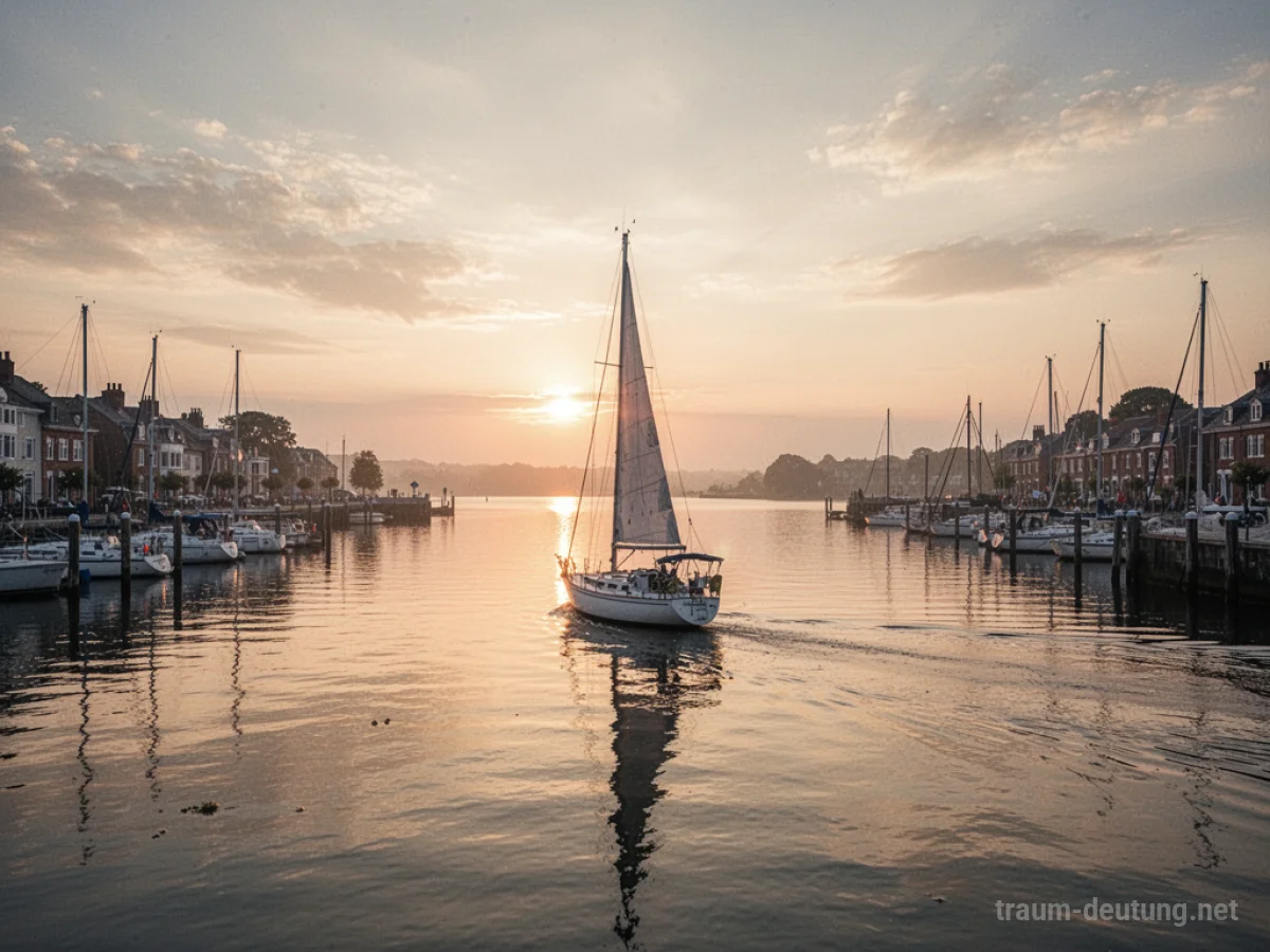 Segelboot verlässt einen Hafen bei Sonnenaufgang