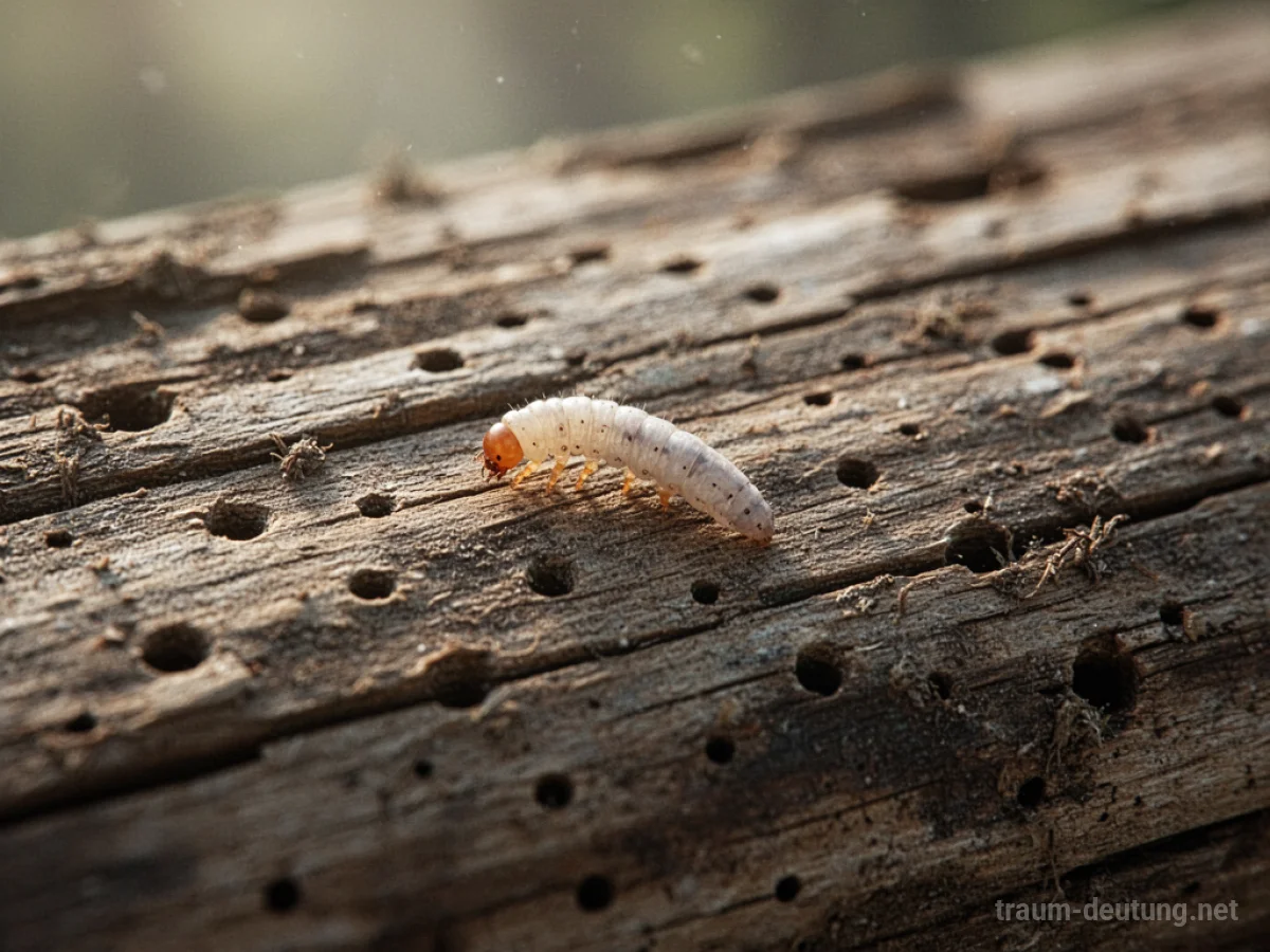 Detailaufnahme von trockenem Holz mit einem kleinen Holzwurm.