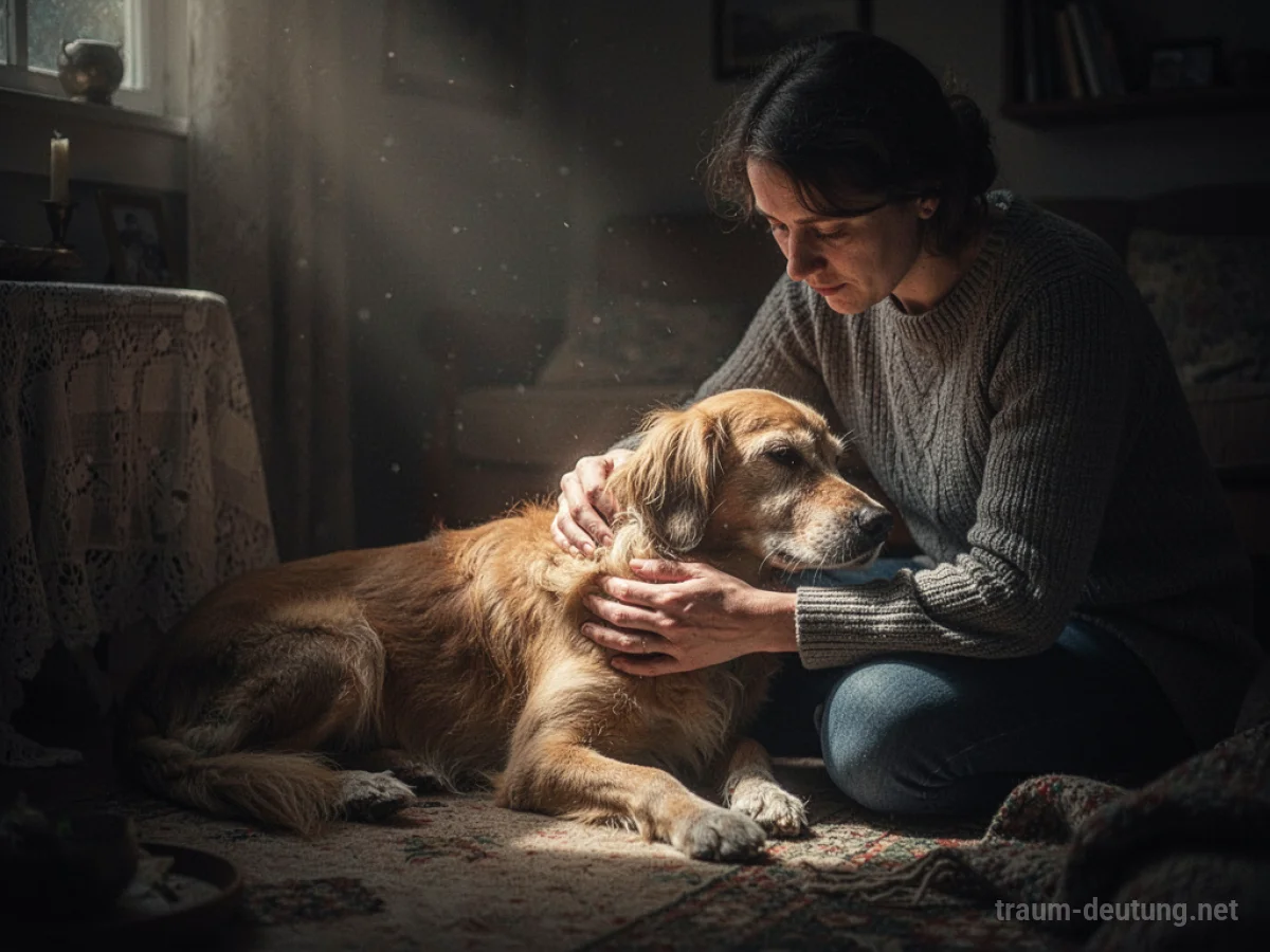 Eine Person pflegt einen kranken Hund im sanften Licht.