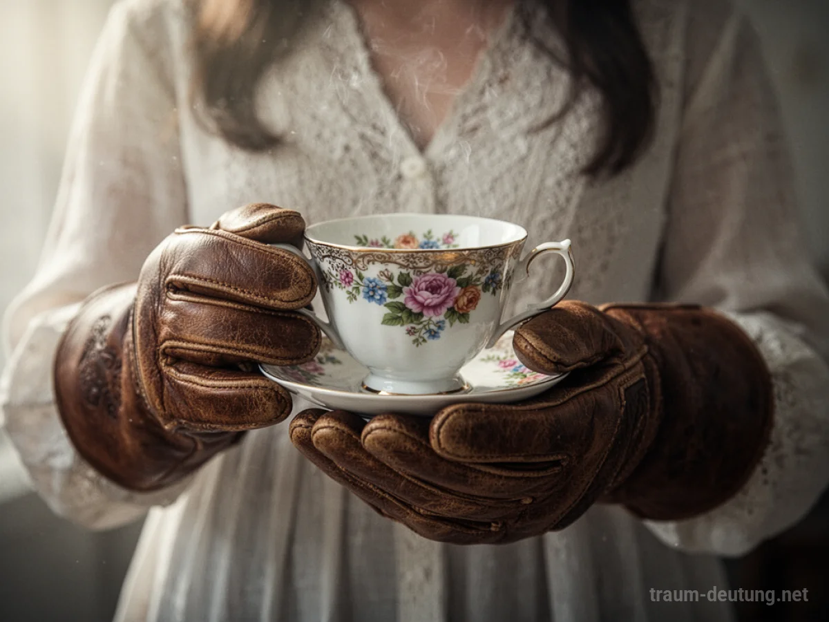 Hände in fremden Handschuhen halten eine Teetasse