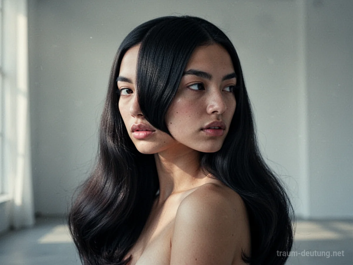 Eine Person mit perfekt glatten, glänzenden Haaren im sanften Licht.