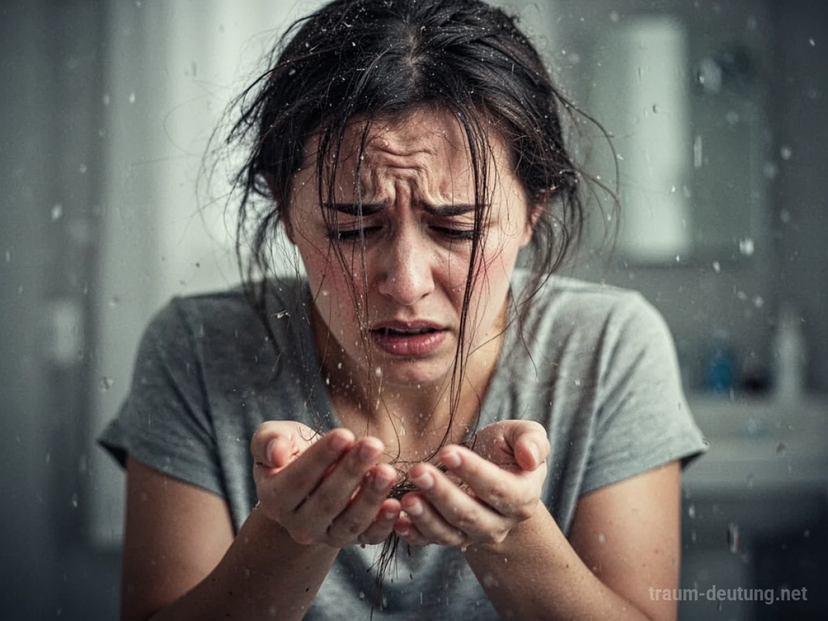 Person mit Haarausfall, die versucht, die fallenden Haare festzuhalten.