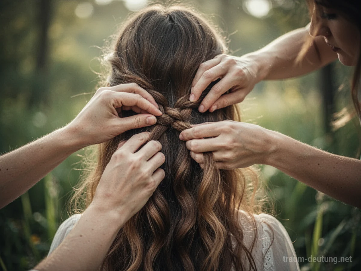Hände flechten lange Haare zu einem Zopf