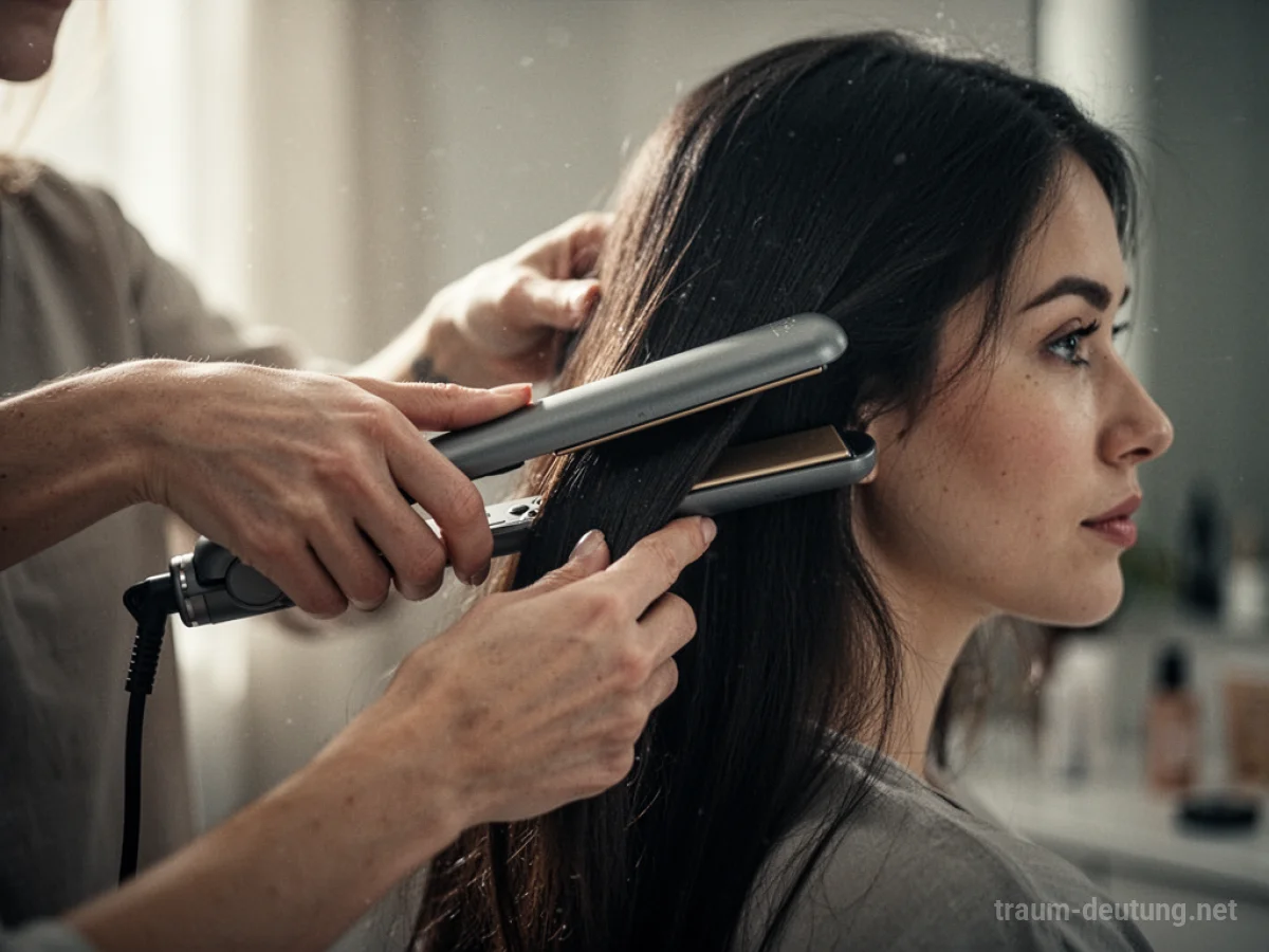 Person glättet mit einem Glätteisen lange Haare