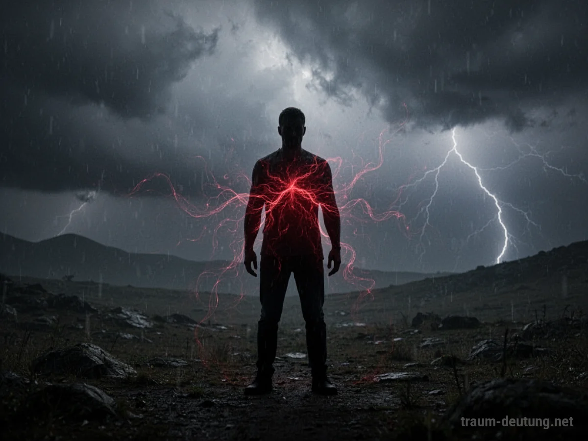 Silhouette einer Person in stürmischer Landschaft, von der Energie ausgeht