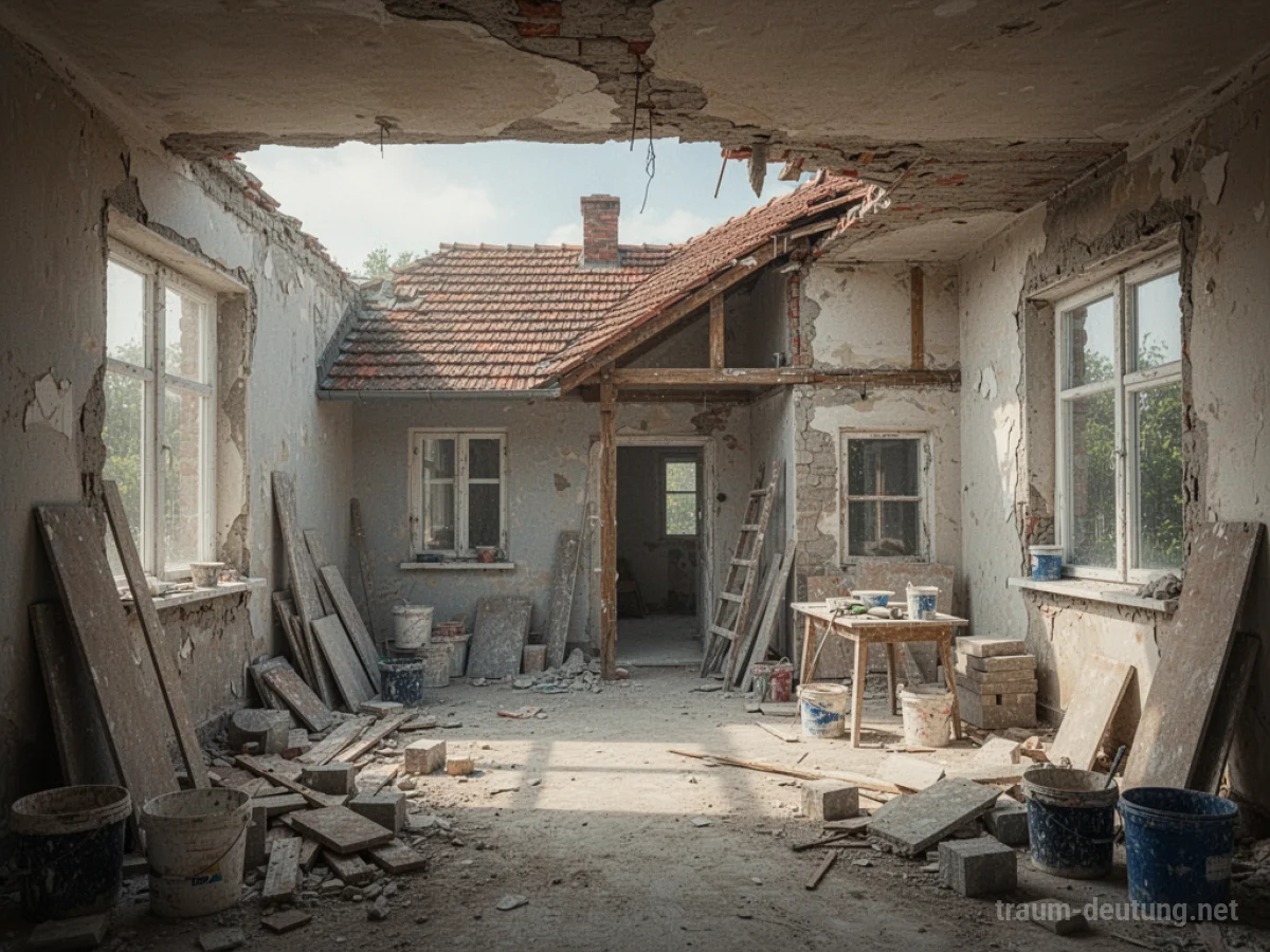Ein Haus im Umbau mit sichtbaren Baustellenmaterialien