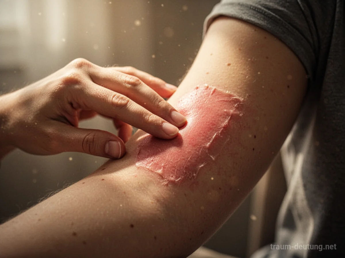 Hand berührt frisch heilende Hautstelle am Arm im sanften Licht