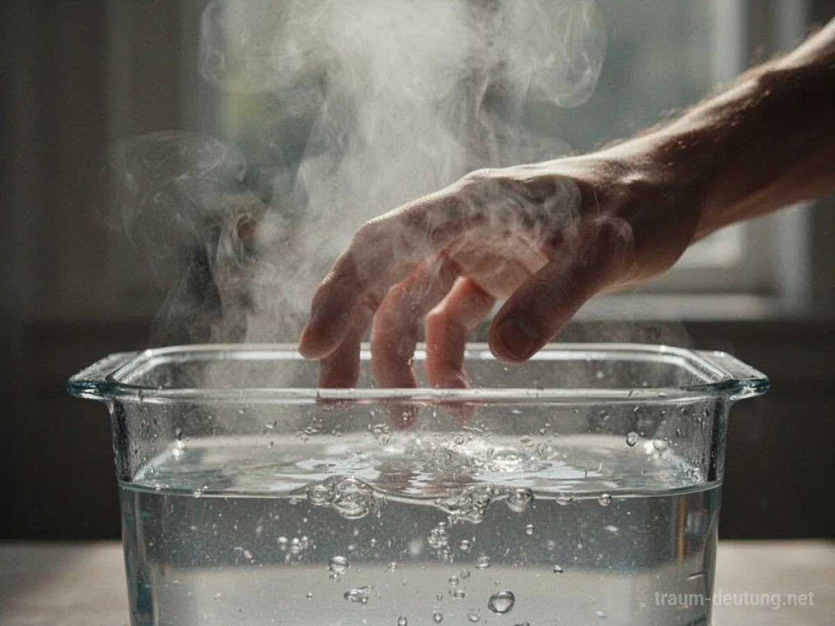 Hand berührt heißes Wasser, Dampf steigt auf