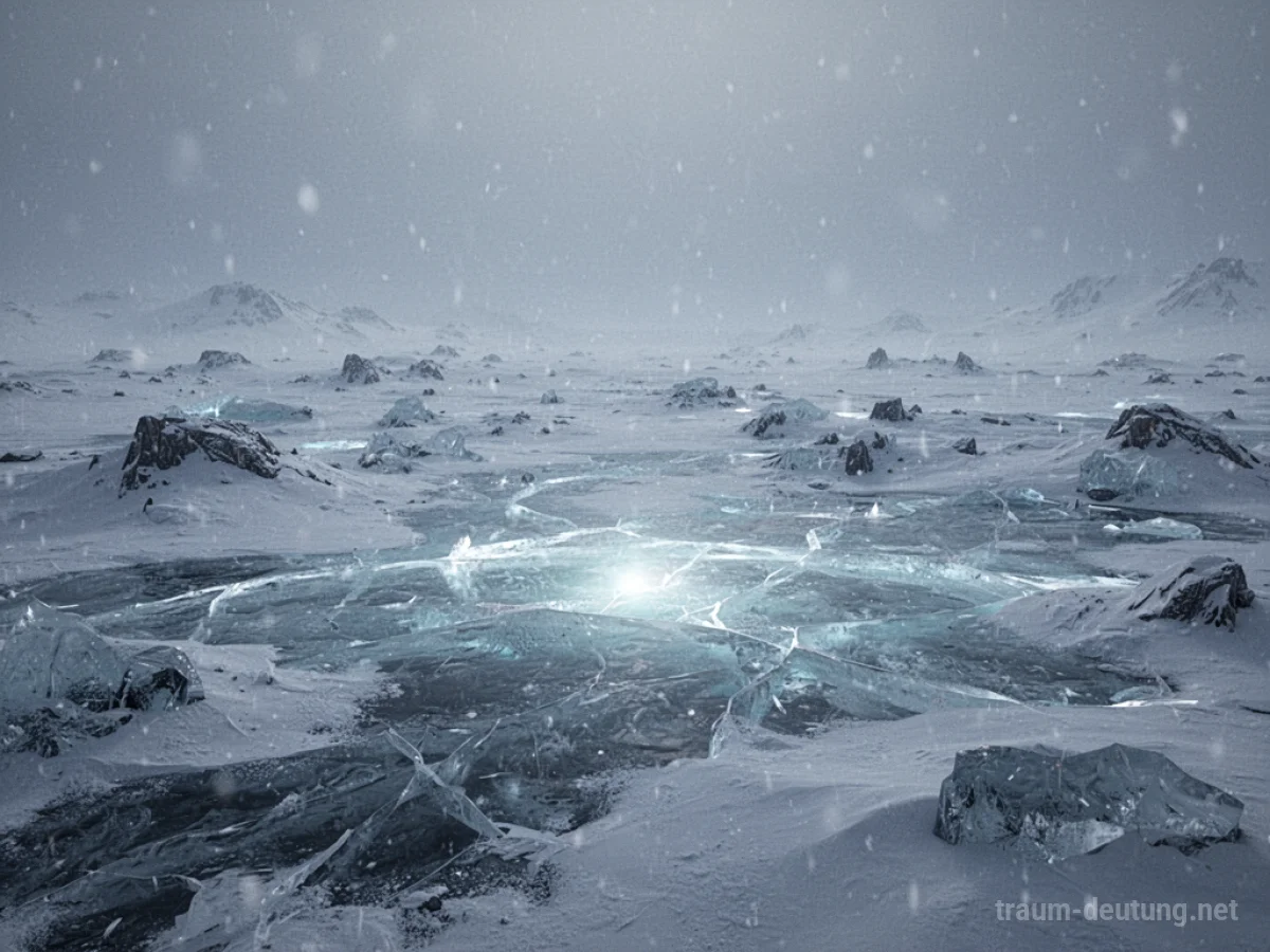 Einsame, eisbedeckte Landschaft unter einem unwirklichen Licht im Traum