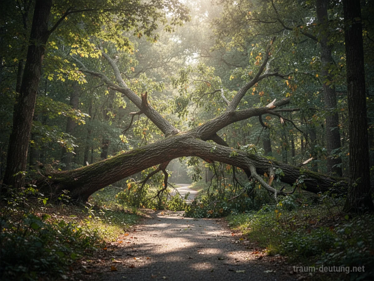 Ein umgestürzter Baum versperrt einen Waldweg.