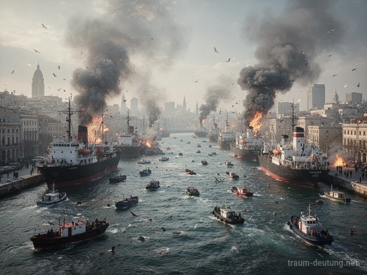 Ein angegriffener Hafen mit Rauch über den Dächern und Booten im Wasser.