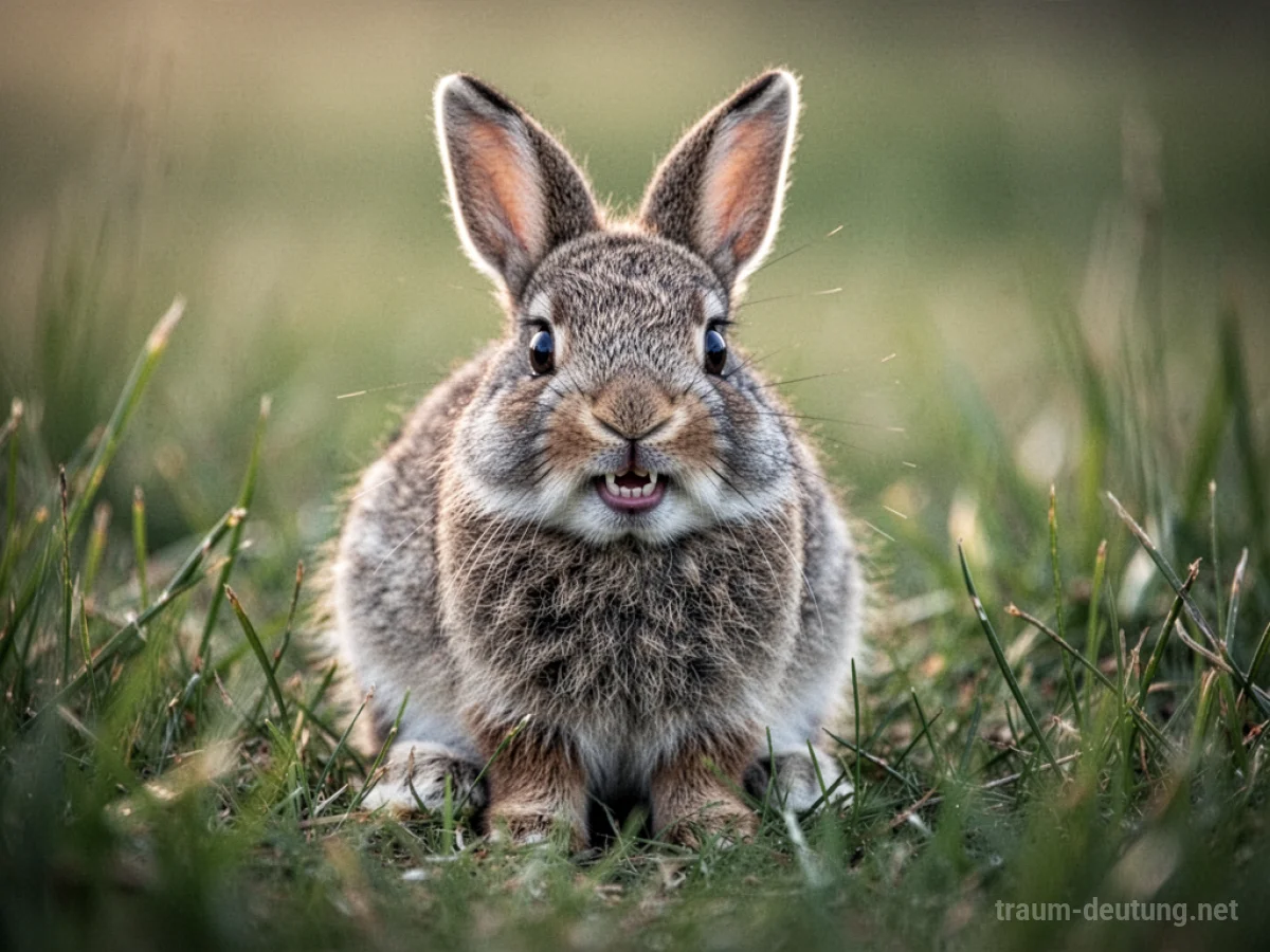 Ein weißer Hase mit leicht geöffnetem Maul und sichtbaren Zähnen in einer grünen Wiese.
