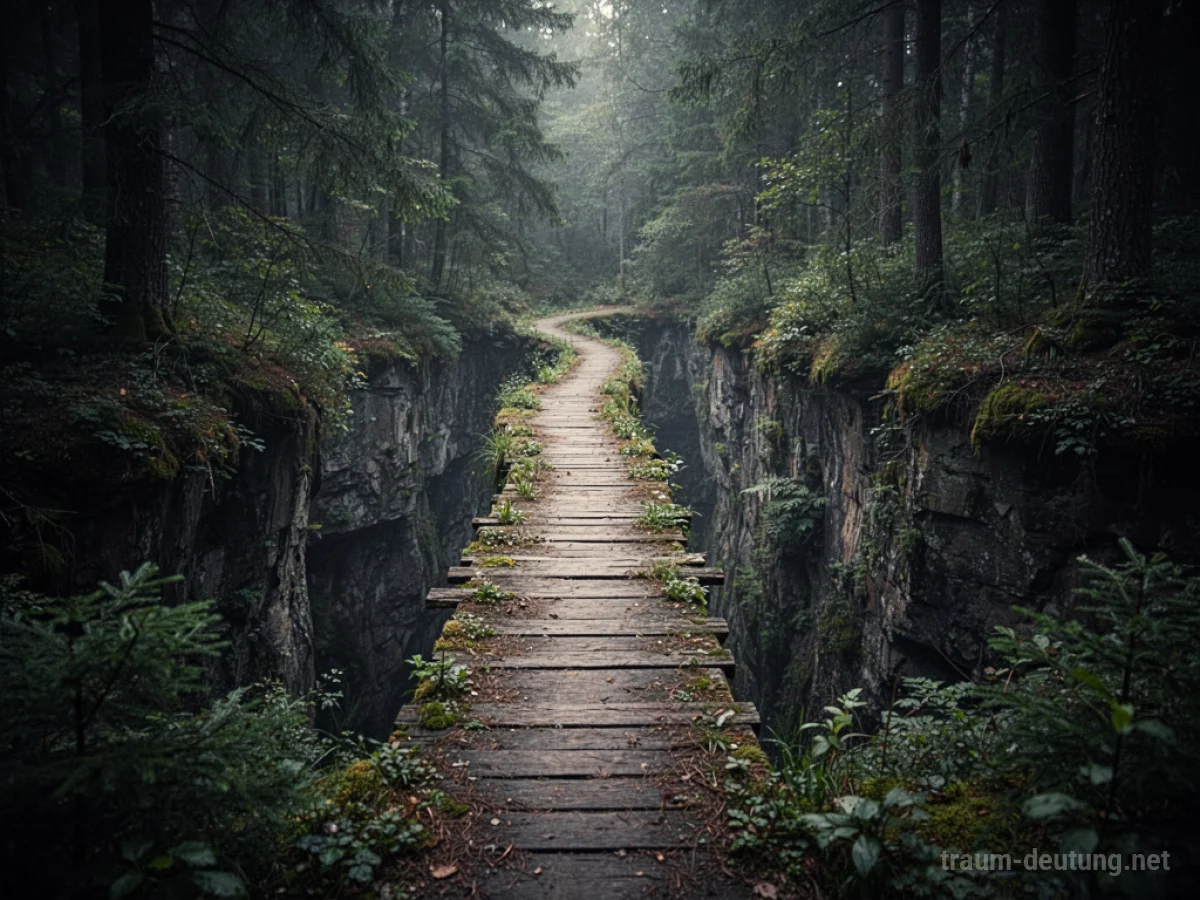 Ein Holzweg endet abrupt an einer Klippe im Wald