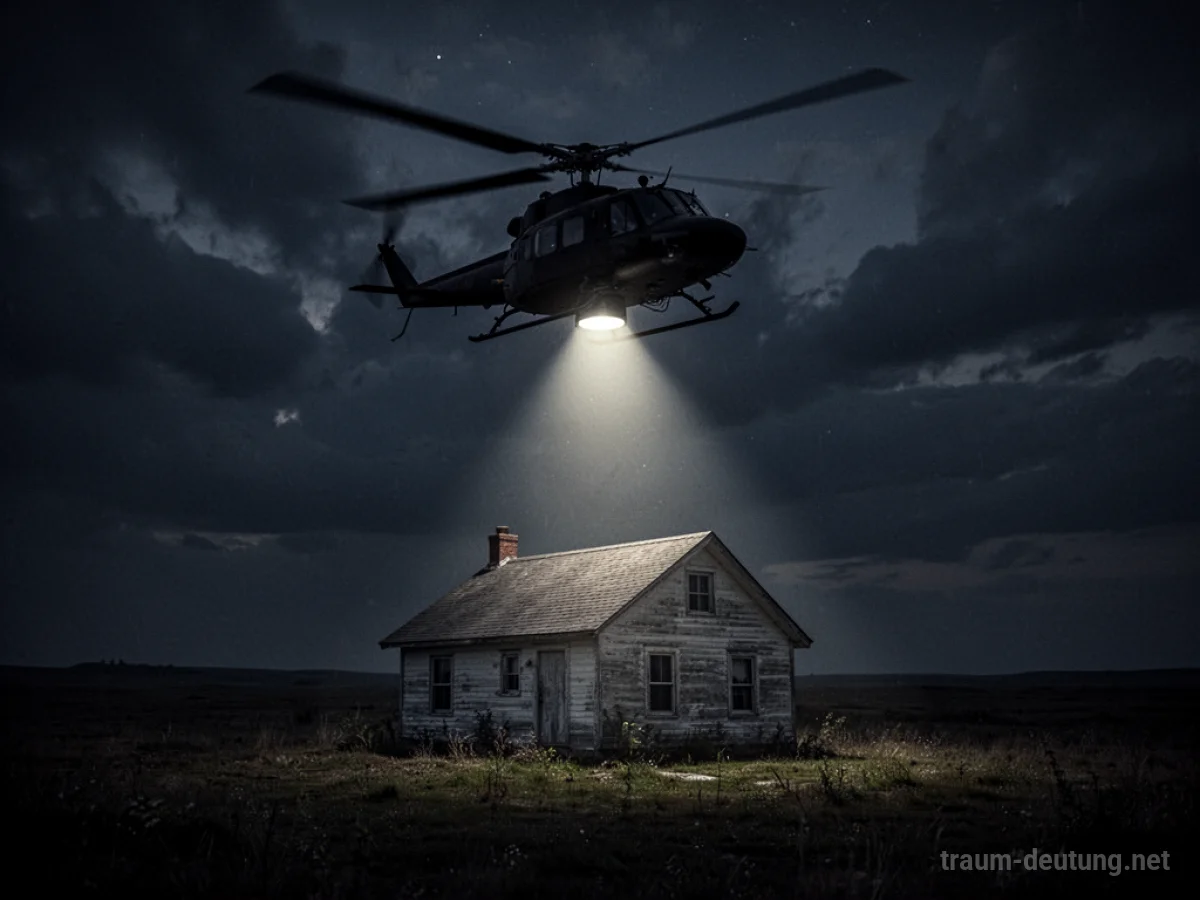 Ein Hubschrauber schwebt bedrohlich über einem Haus bei Nacht.
