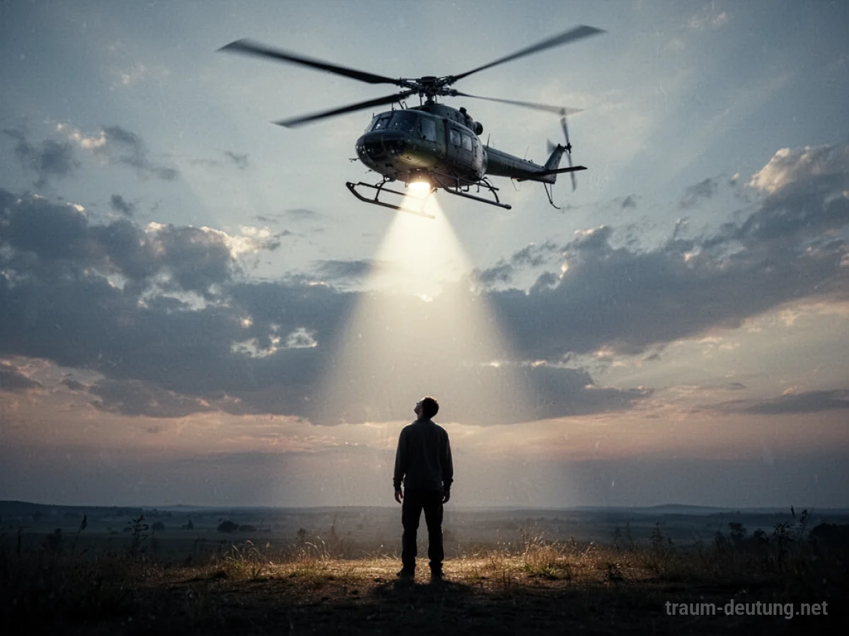Silhouette einer Person blickt zu einem Hubschrauber auf, der über ihr schwebt.