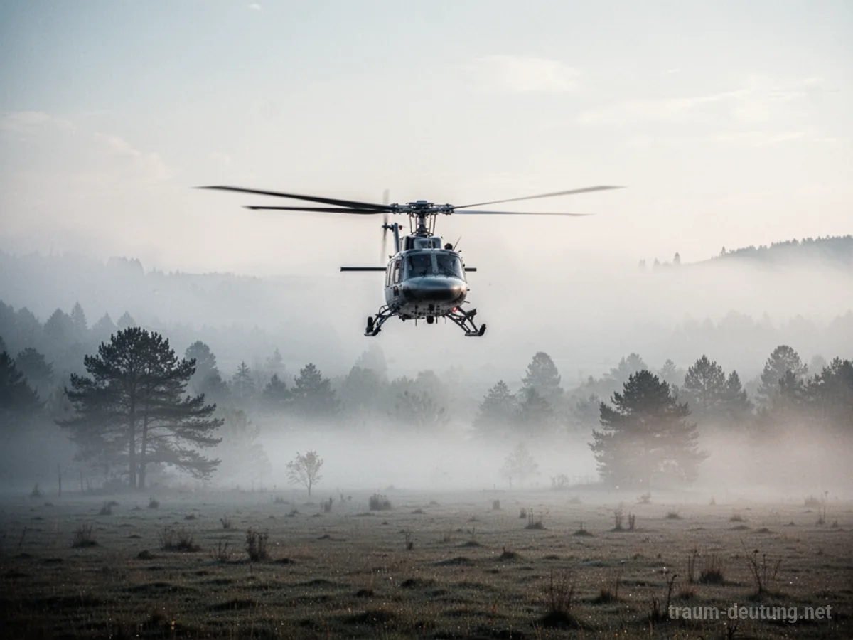 Ein Hubschrauber fliegt tief über einer nebligen Landschaft.