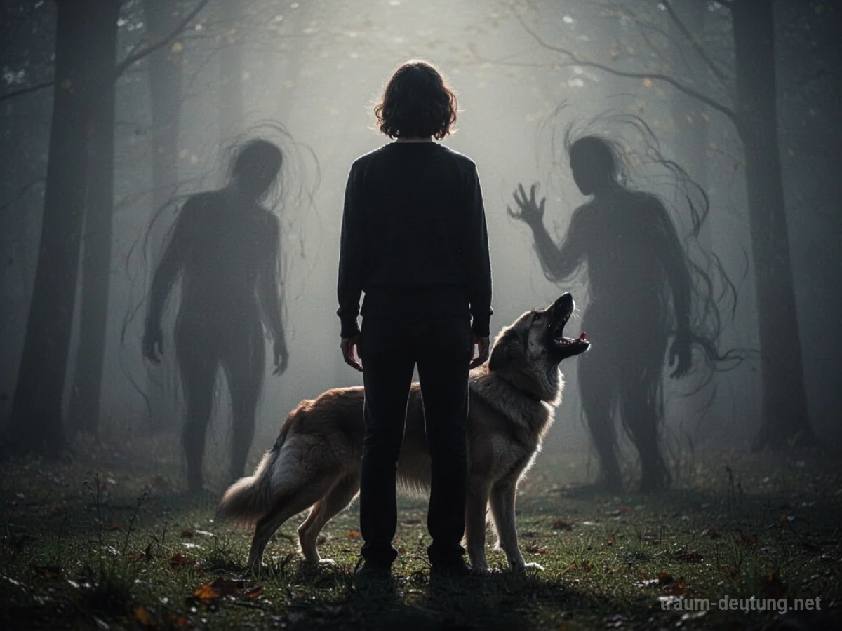 Silhouette einer Person, die von einem bellenden Hund bedrängt wird.
