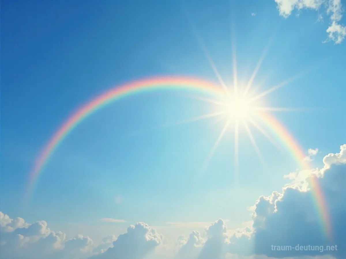 Ein leuchtender Regenbogen spannt sich über einem blauen Himmel nach einem Regen.