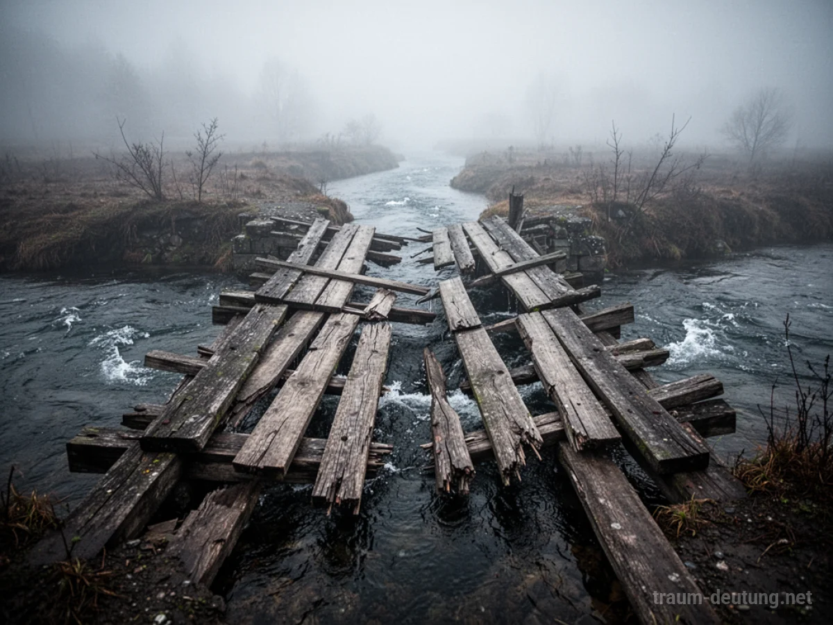 Eine zerbrochene Holzbrücke ragt über einem dunklen Fluss