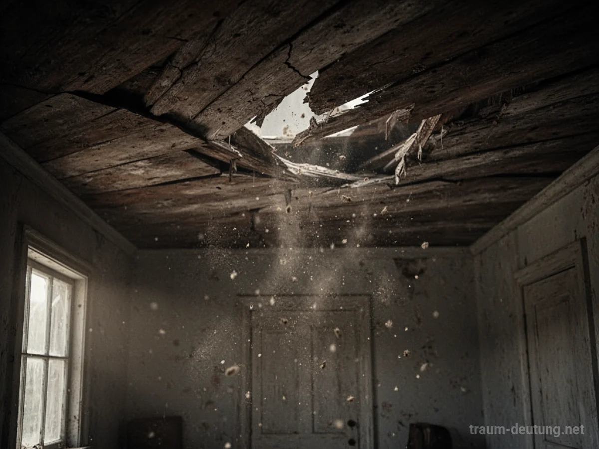 Eine rissige Holzdecke, die im Begriff ist, in einem dunklen Raum einzustürzen.