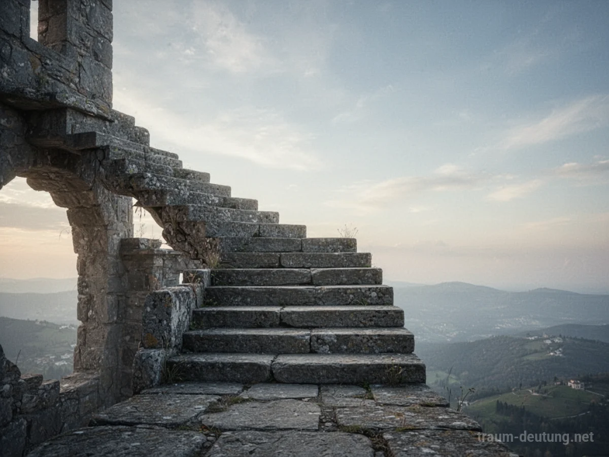 Eine Treppe, die plötzlich im Nichts endet, mit einem weiten Himmel darüber.