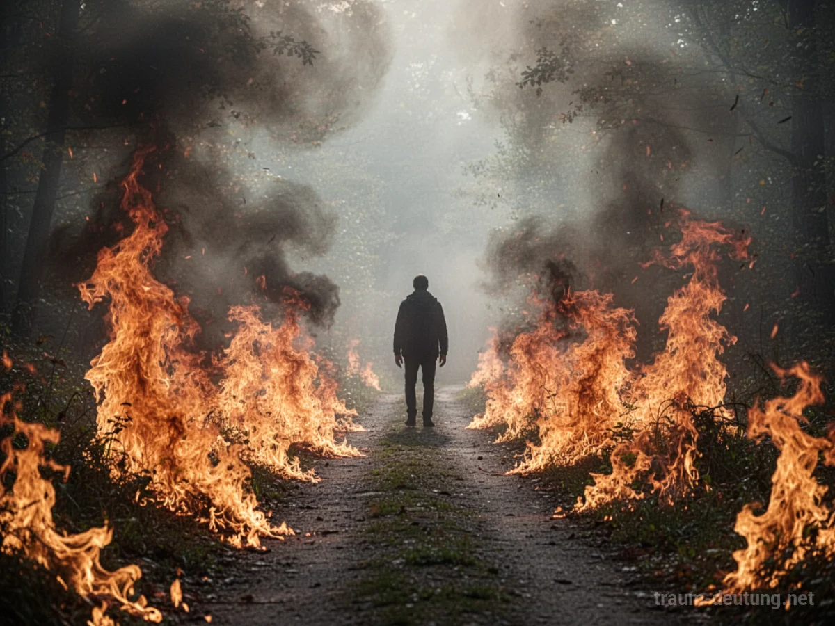 Ein Weg, der von einem undurchdringlichen Feuer blockiert wird, mit aufsteigendem Rauch.