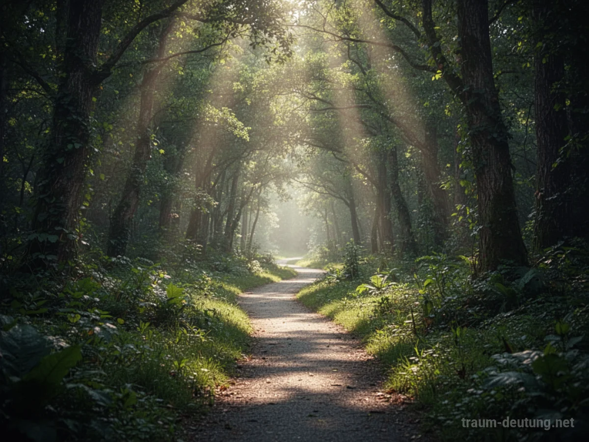 Ein heller Weg öffnet sich durch einen dunklen Wald ins Licht