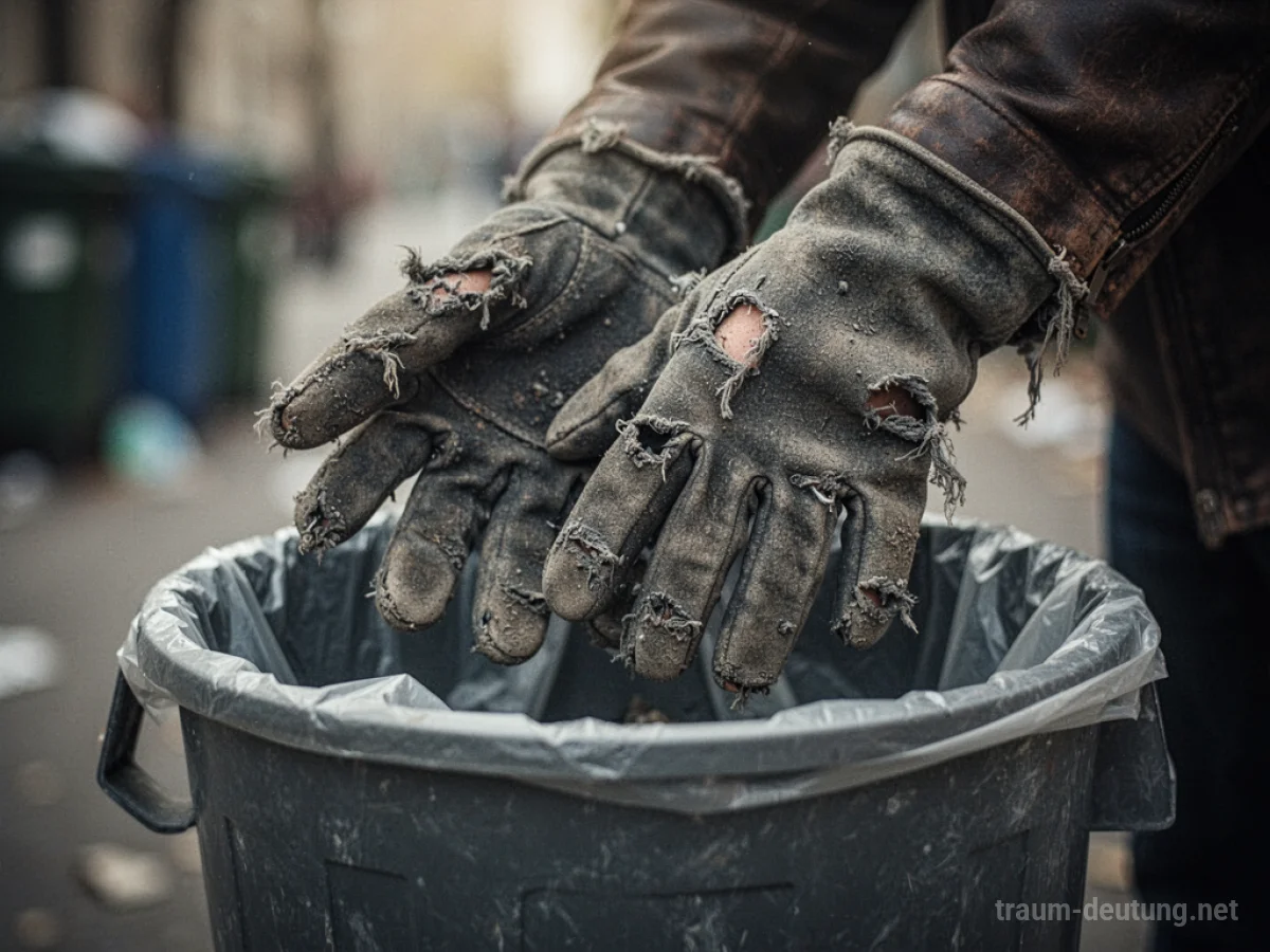 Kaputte Handschuhe werden in einen Mülleimer geworfen.