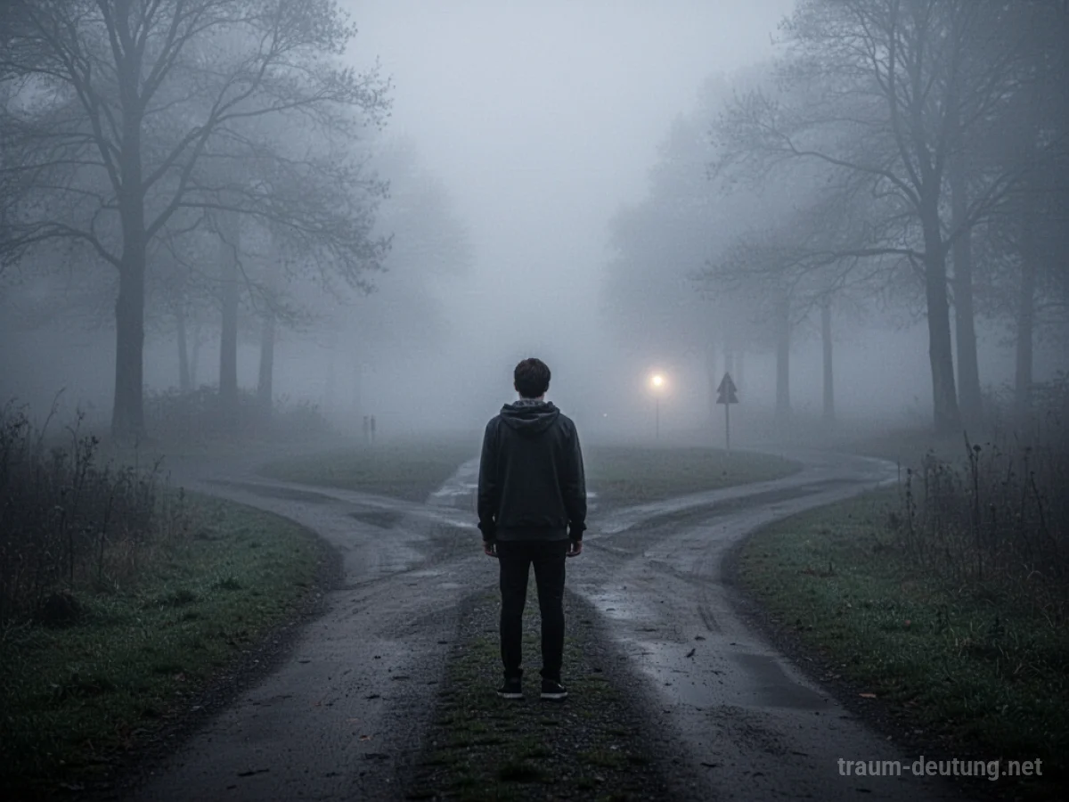 Person steht an einer Weggabelung im Nebel, unsicher welchen Weg sie wählen soll