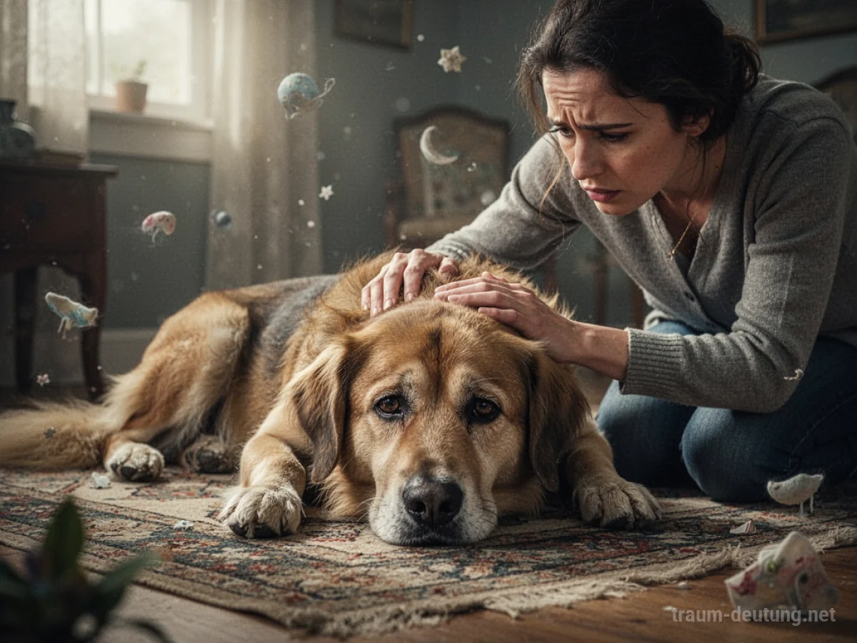 Ein kranker Hund liegt auf einem Teppich, eine Hand streichelt ihn sanft.