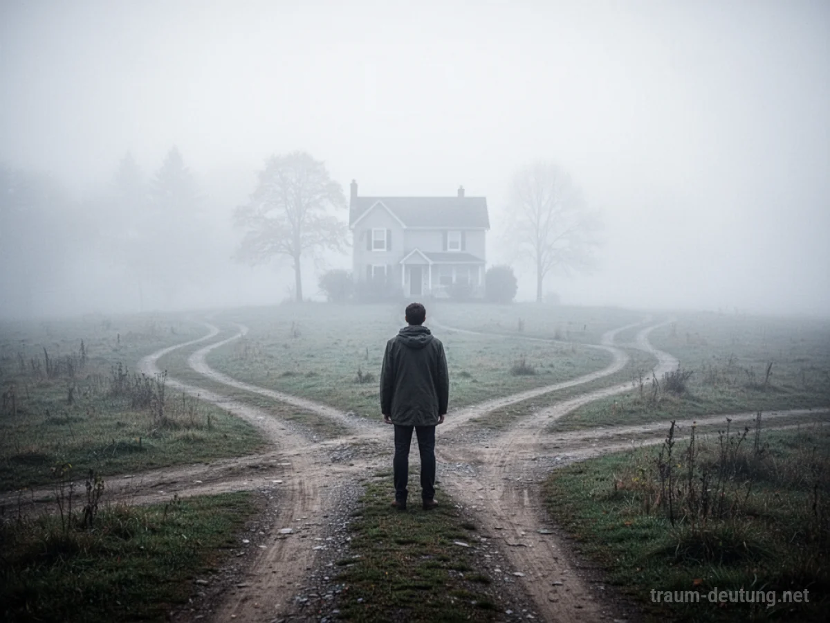 Eine Person steht an einer Weggabelung im Nebel und blickt auf unscharfe Pfade, die von einem Haus wegführen.