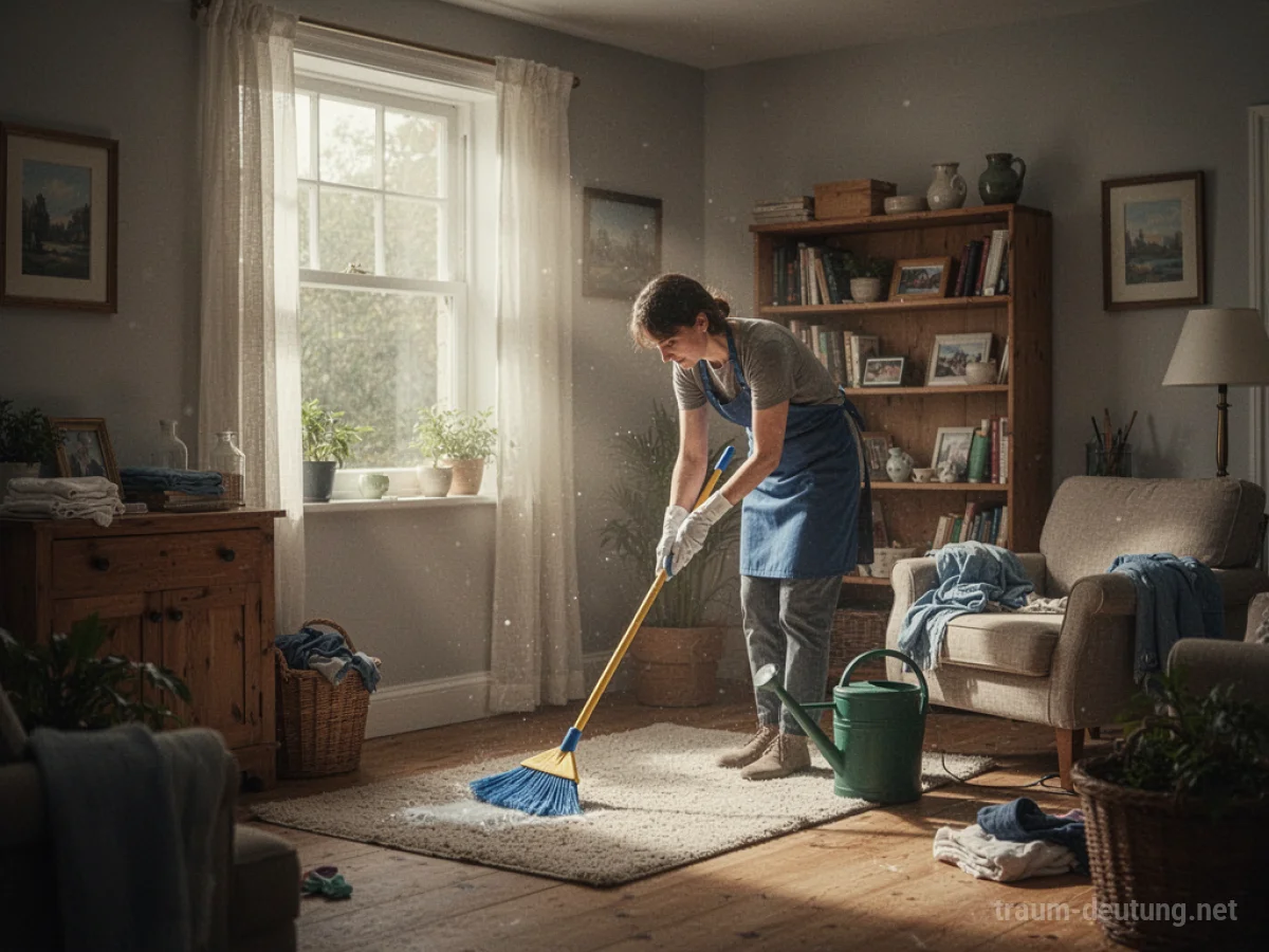 Person reinigt ein Haus und schafft Ordnung, während Sonnenlicht hereinscheint.