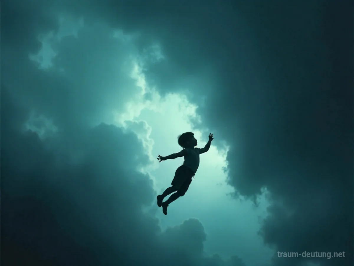 Silhouette eines Kindes, das in die Tiefe fällt, vor dramatischem Himmel