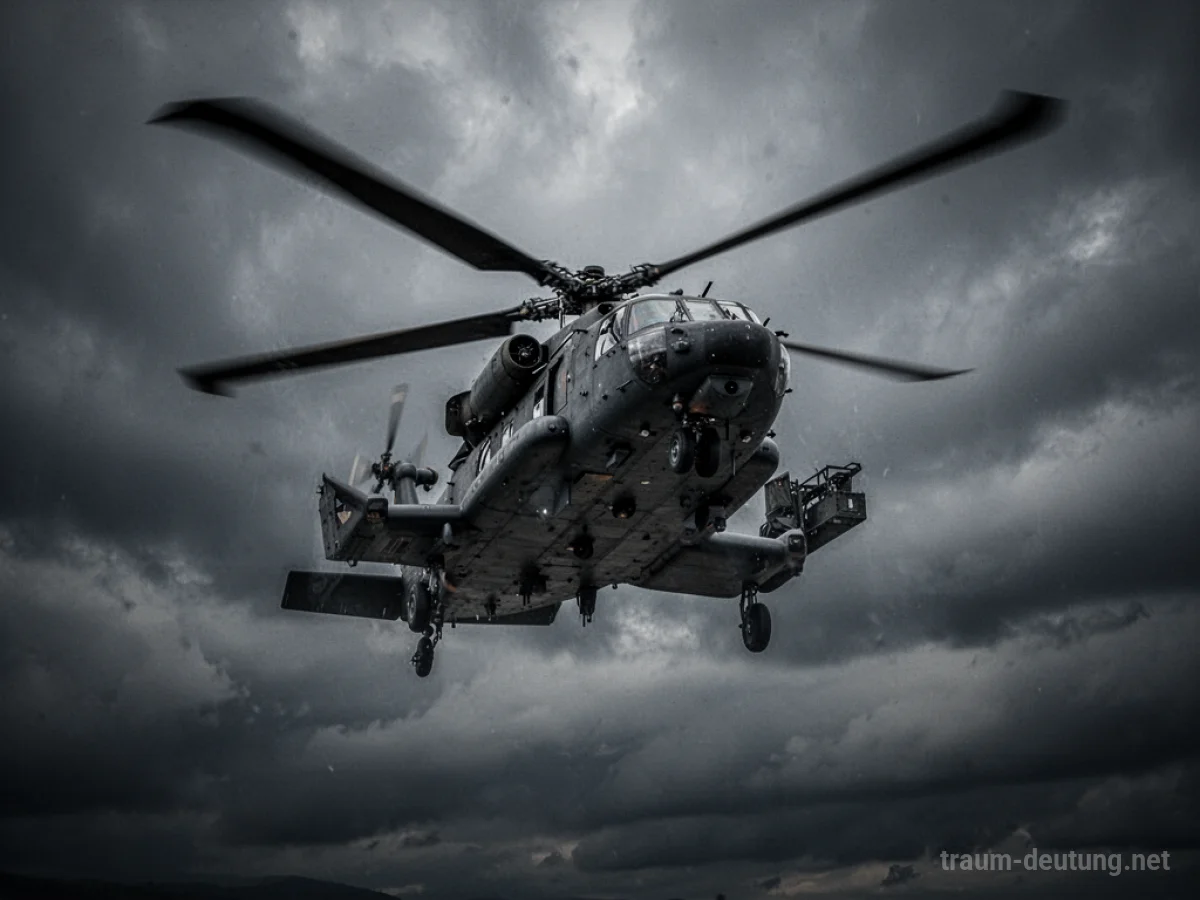Militärhubschrauber schwebt bedrohlich am dunklen Himmel