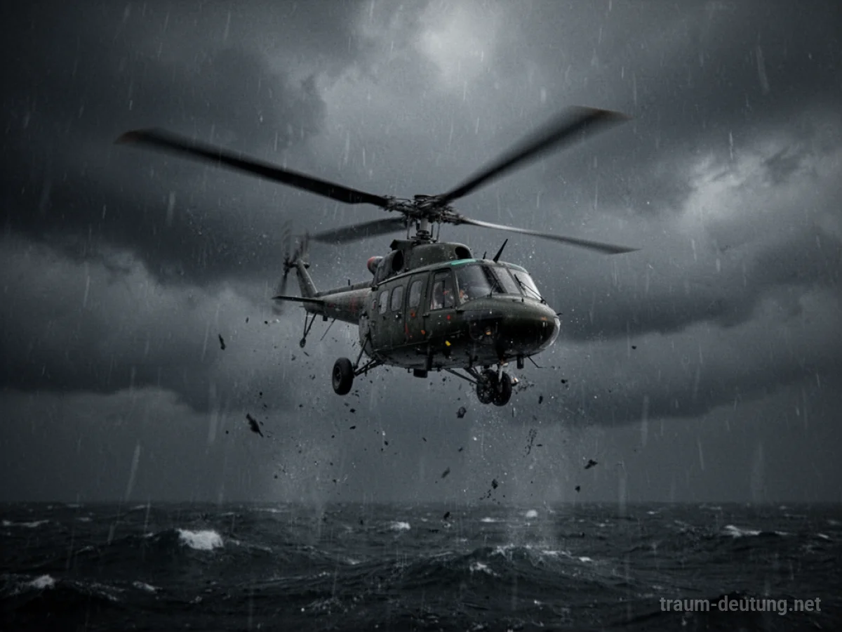 Hubschrauber im freien Fall über einer düsteren Landschaft