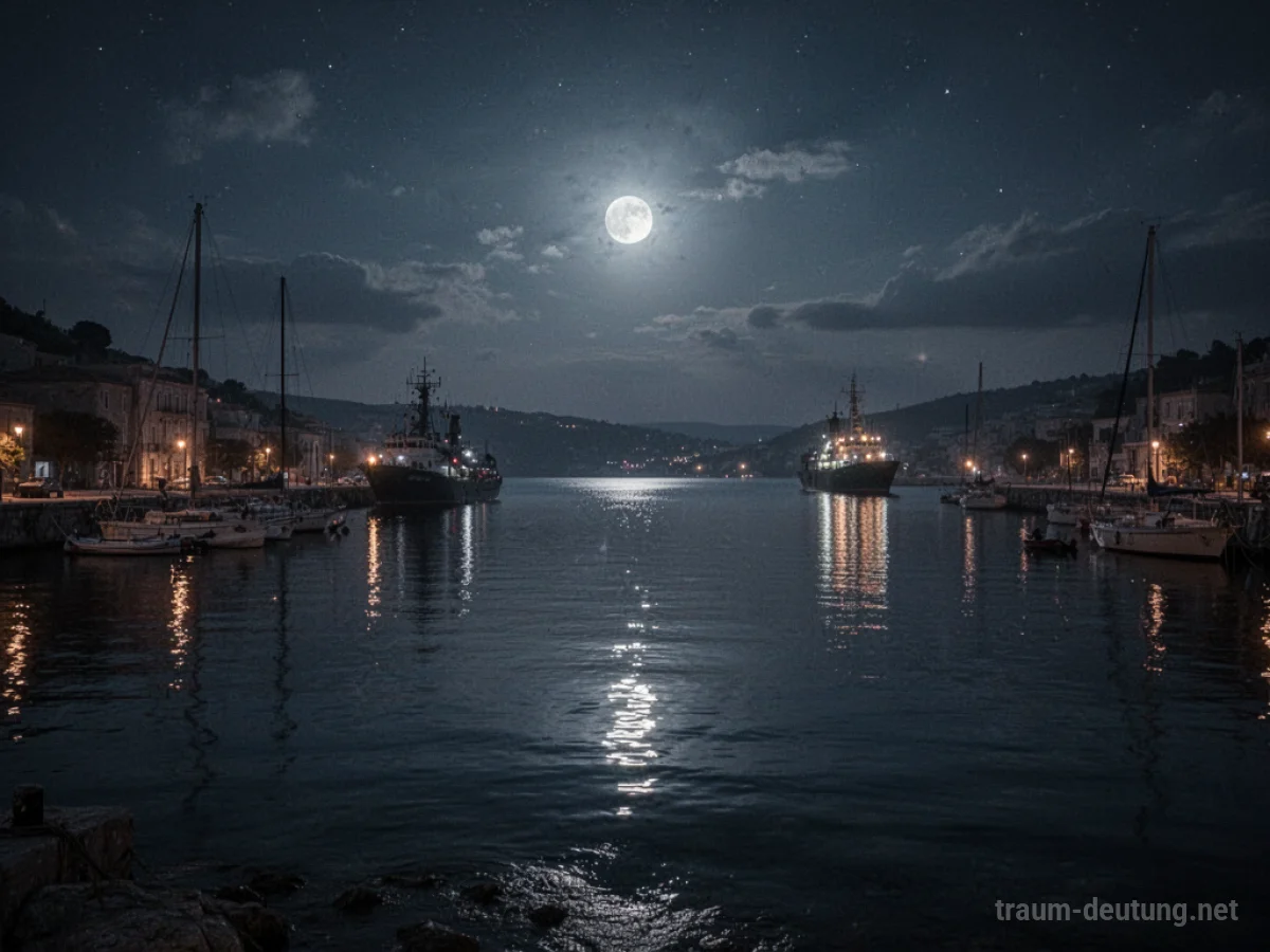 Ein ruhiger Hafen bei Nacht mit Mondlicht auf dem Wasser.