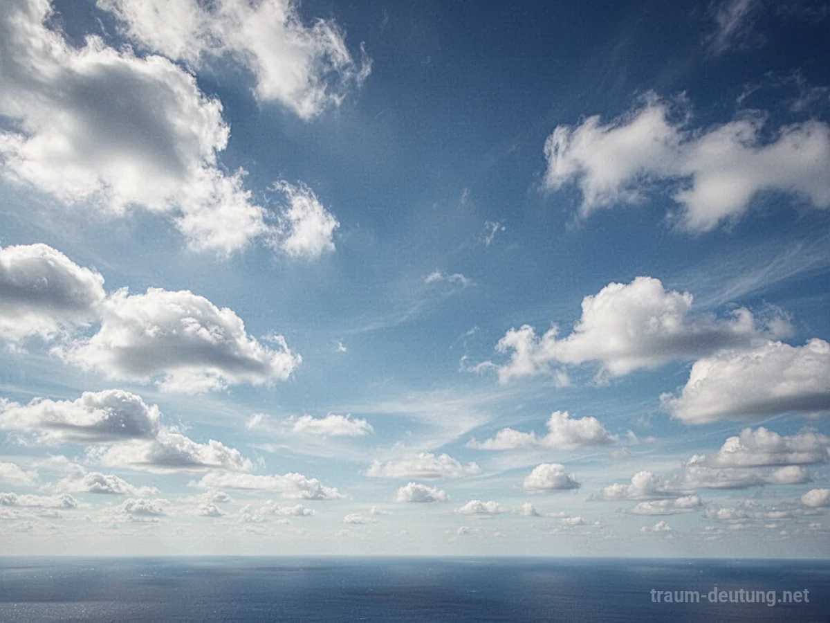 Ein unendlicher, weiter blauer Himmel mit wenigen Wolken, der nach oben blickt.