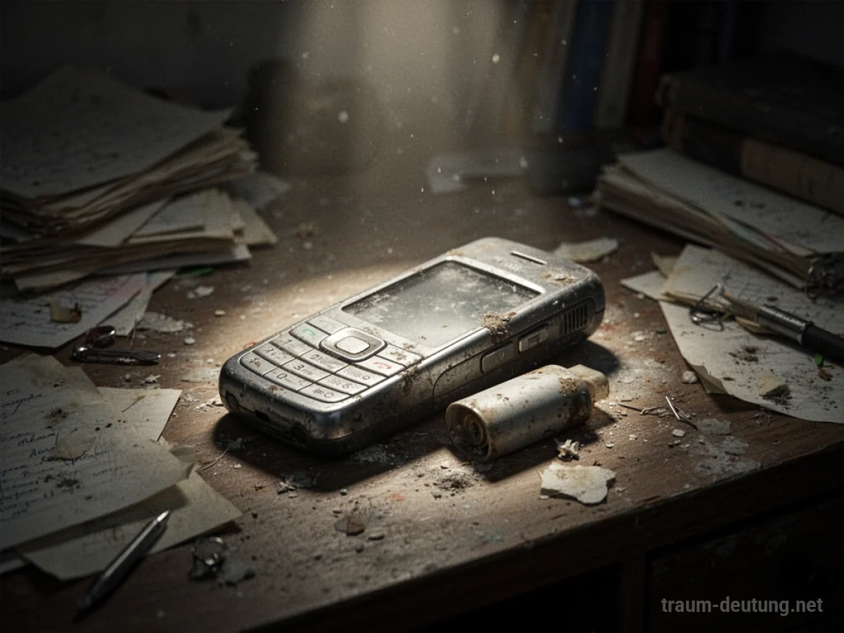 Ein altes, veraltetes Handy liegt auf einem überladenen Schreibtisch.