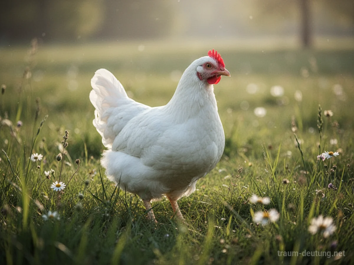 Ein strahlend weißes Huhn steht friedlich auf einer sonnigen Wiese.