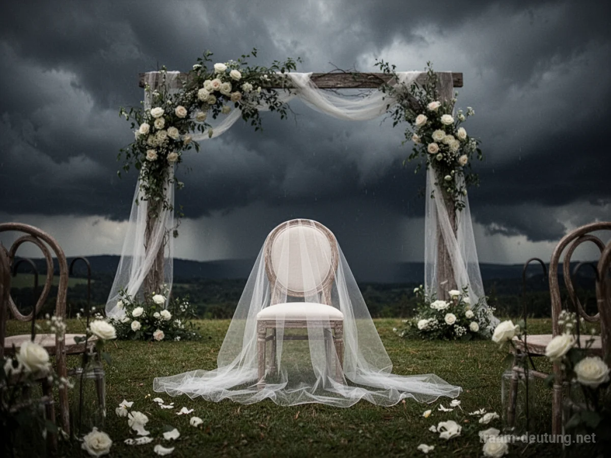 Leere Hochzeitskulisse mit einem einzelnen, mit Schleier bedeckten Stuhl unter einem stürmischen Himmel