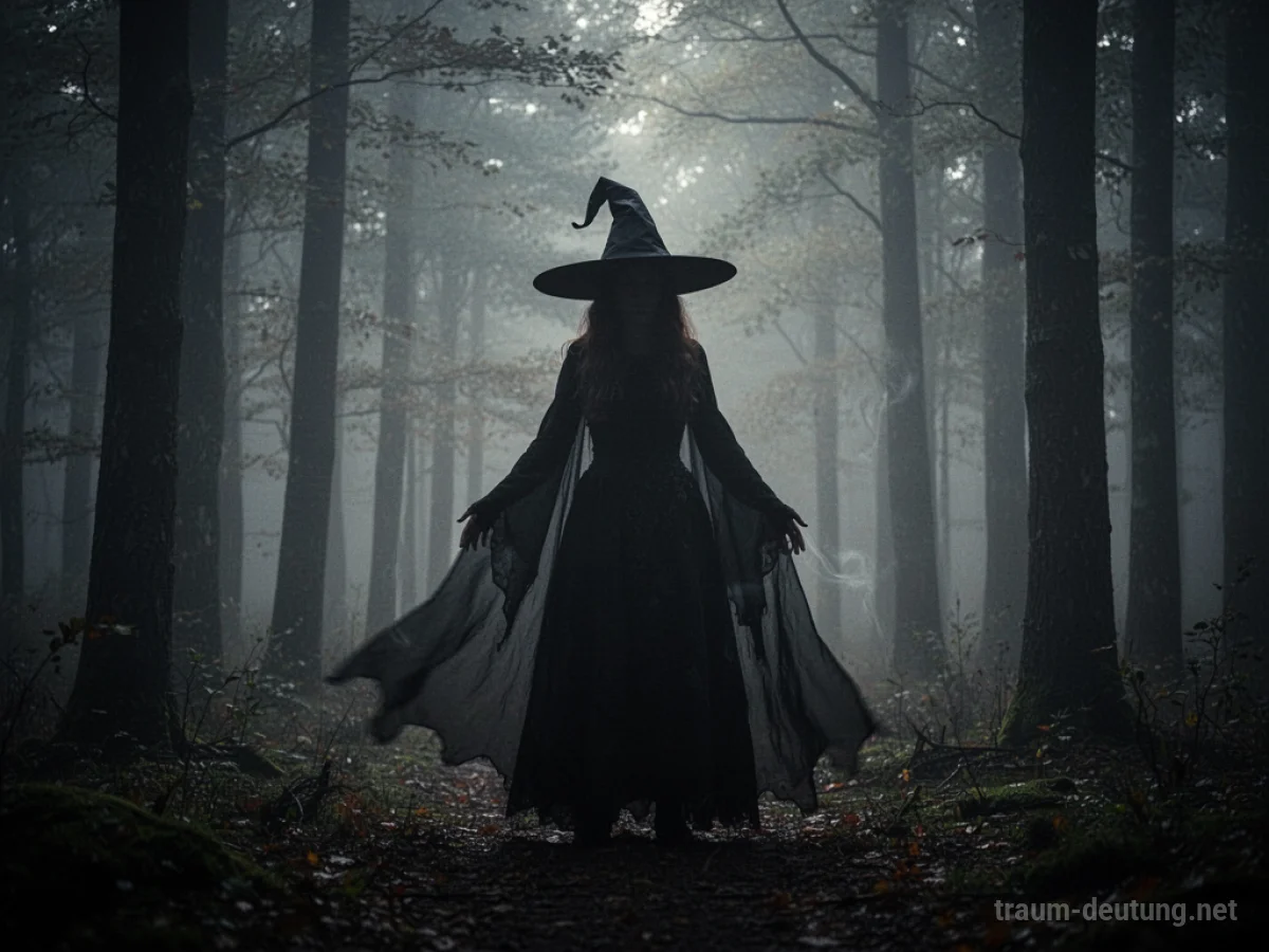 Silhouette einer bösen Hexe mit Hut im dunklen Wald