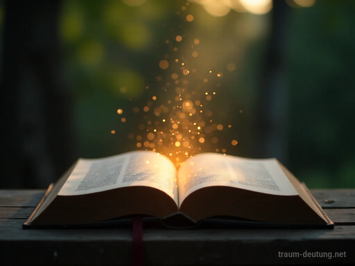 Sanfter Lichtschein aus einem offenen Buch über einer ruhigen Landschaft.