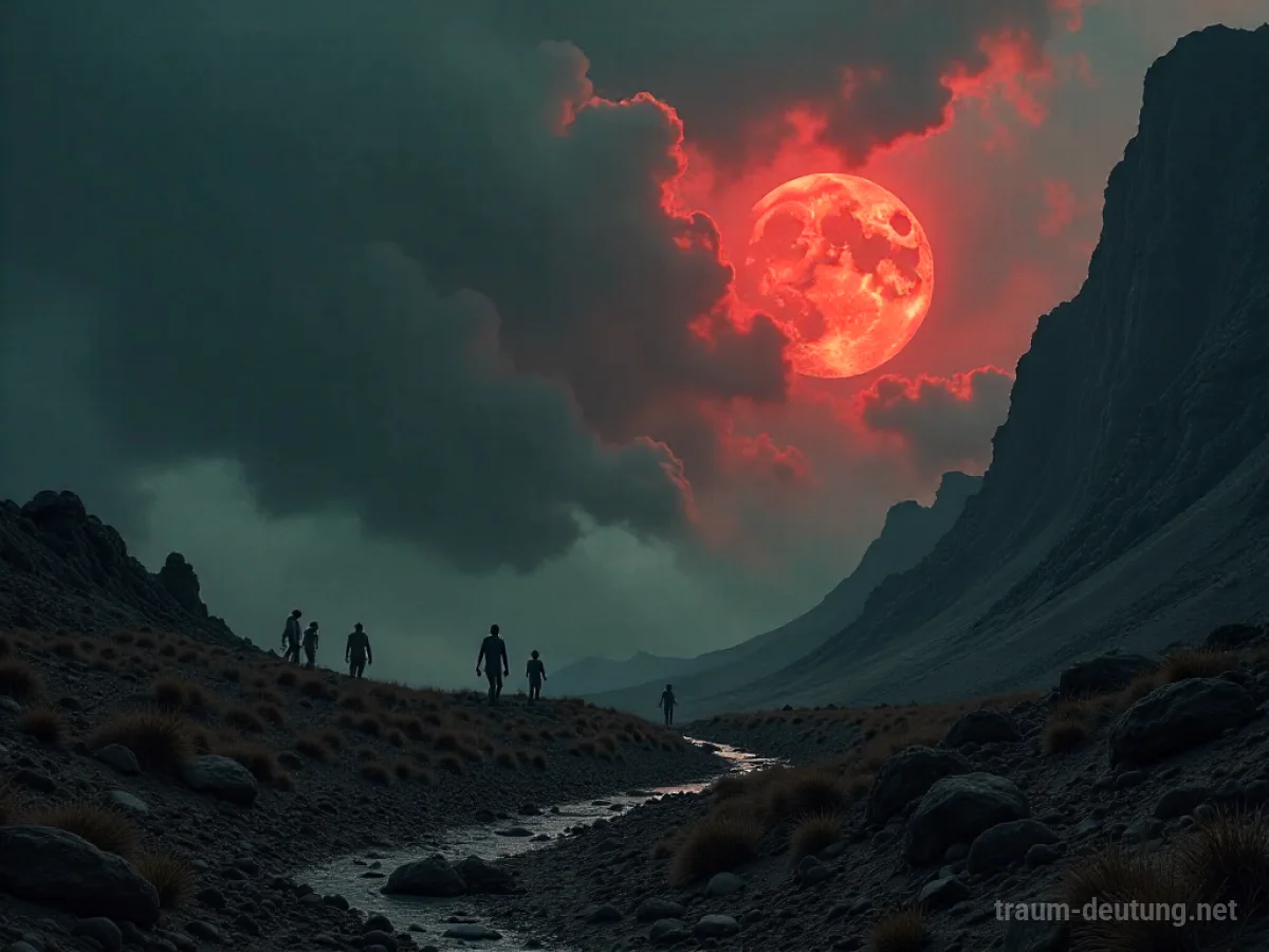 Schattenhafte Figuren in einer düsteren, höllenähnlichen Landschaft unter einem bedrohlichen Himmel.