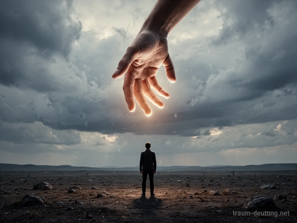 Eine leuchtende Hand reicht vom Himmel herab zu einer Silhouette.