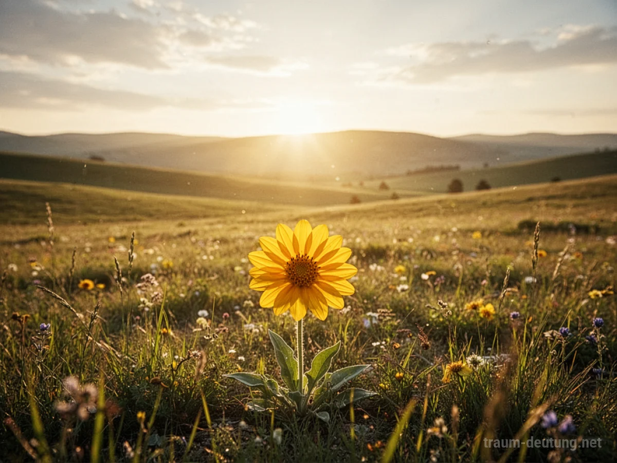 Eine leuchtende Landschaft mit einer einzelnen, blühenden Blume im goldenen Licht.
