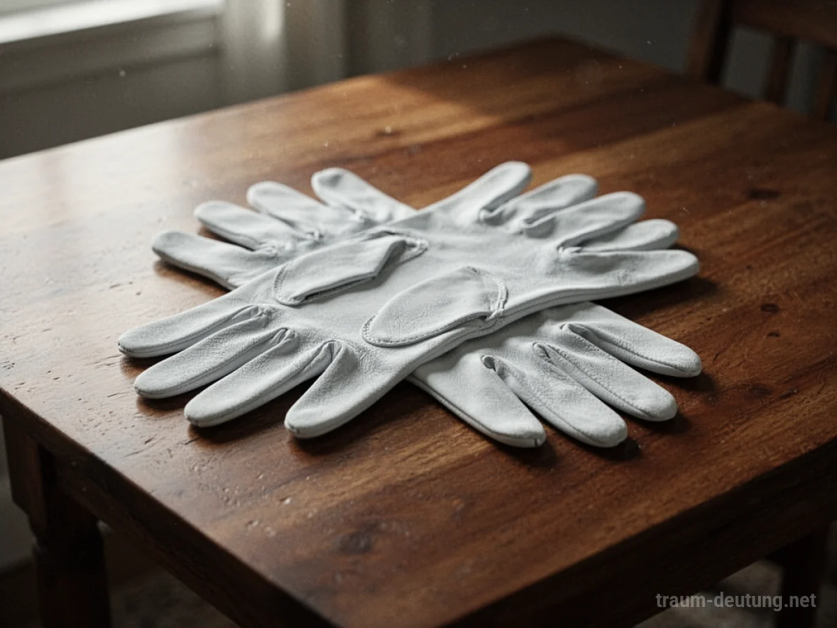 Ein Paar makellose weiße Handschuhe auf einem polierten Holztisch.
