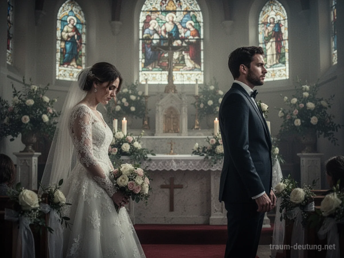 Brautpaar steht bei einer traurigen Hochzeit getrennt am Altar.