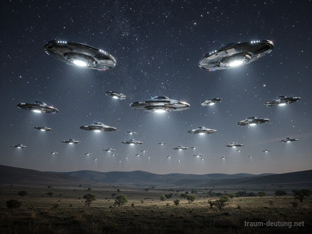 Ufos schweben am klaren Nachthimmel über einer stillen Landschaft.
