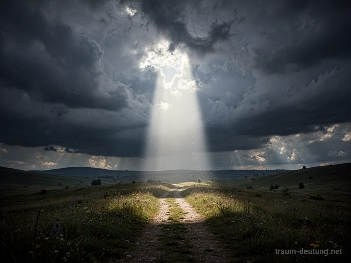 Ein Lichtstrahl bricht durch dunkle Wolken und weist einen Weg.