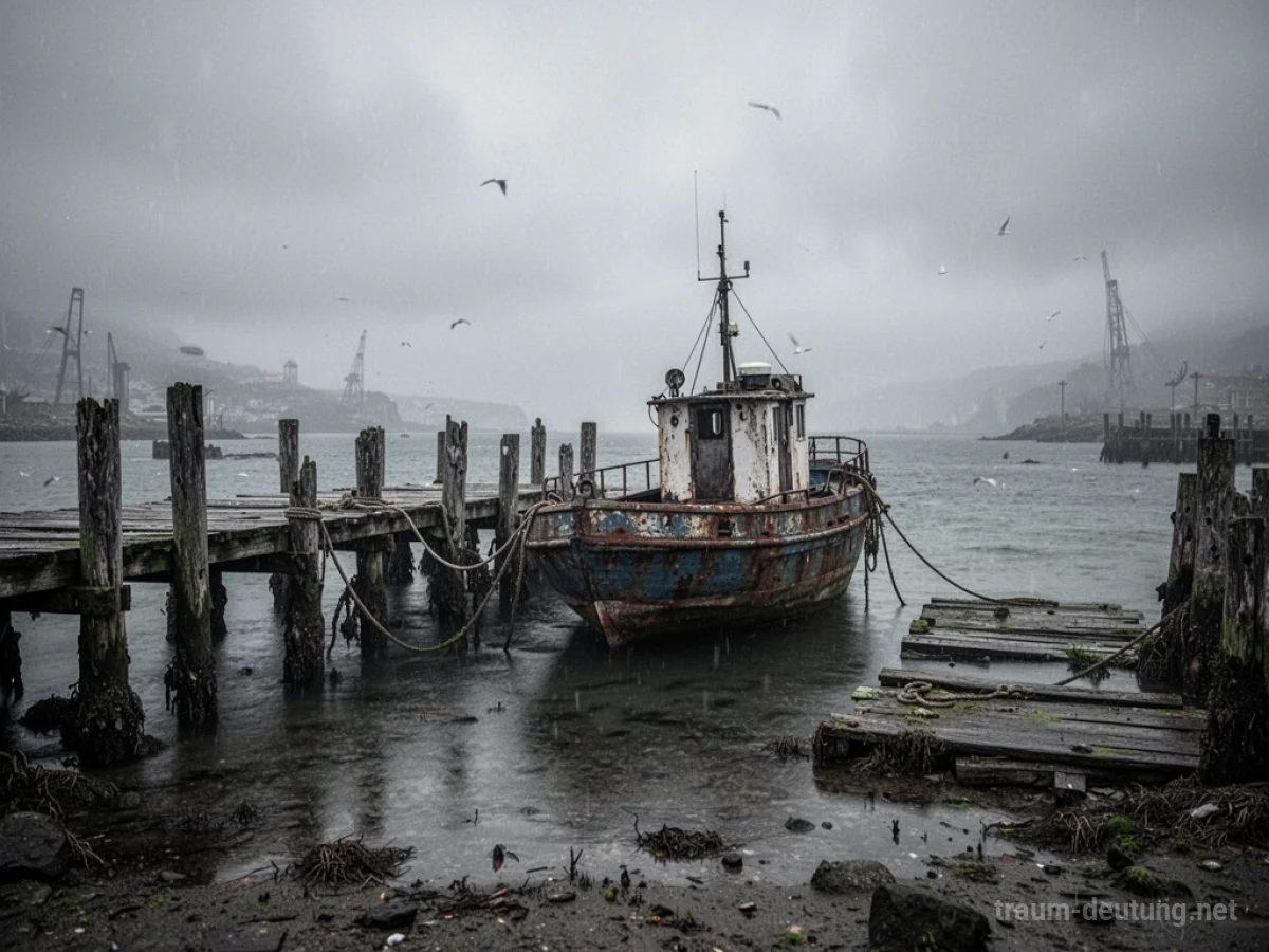 Ein verlassener Hafen mit einem alten Boot und einem grauen Himmel